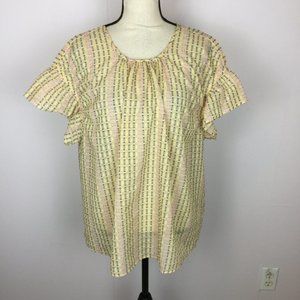 Zac & Rachel Blouse Top 2X Womans Plus Yellow Pink Gray Sheer Short Sleeve